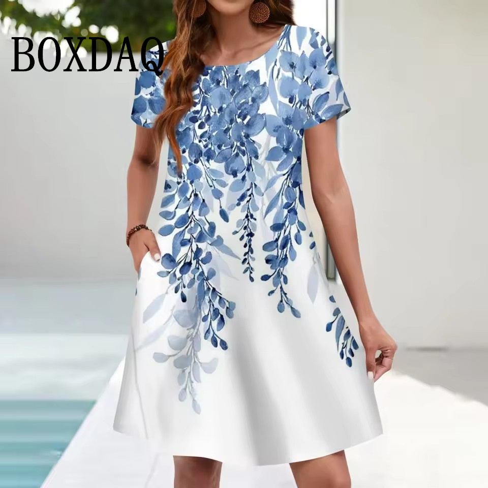 Ethnic Fashion Dress - Kadın Rahat Sundress Gevşek Cepler Yaz