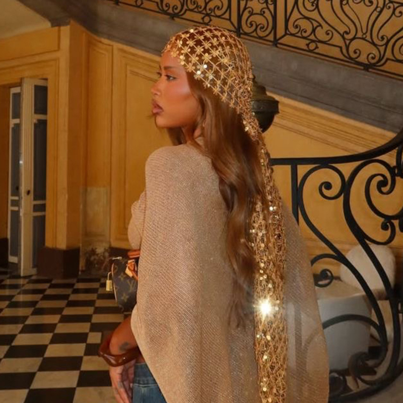 Ethnic Fashion Collection - Boho pullu örgü başörtüsü altın siyah