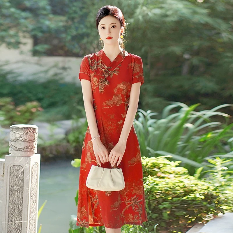 Ao Dai Vietnam Dress - Vietnam Aodai Cheongsam Vintage Çiçek Baskılı